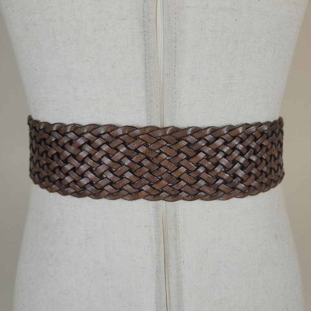 Brown Leather Belt Large Medallion Buckle Floral Etched Boho Boho Artisan Hippie
